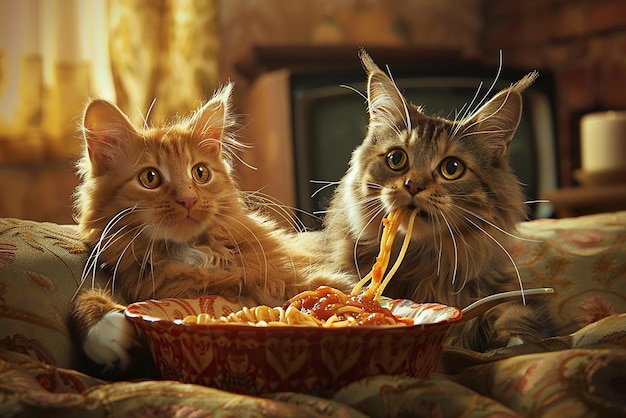 Foto dois gatos comendo espaguete em um sofá