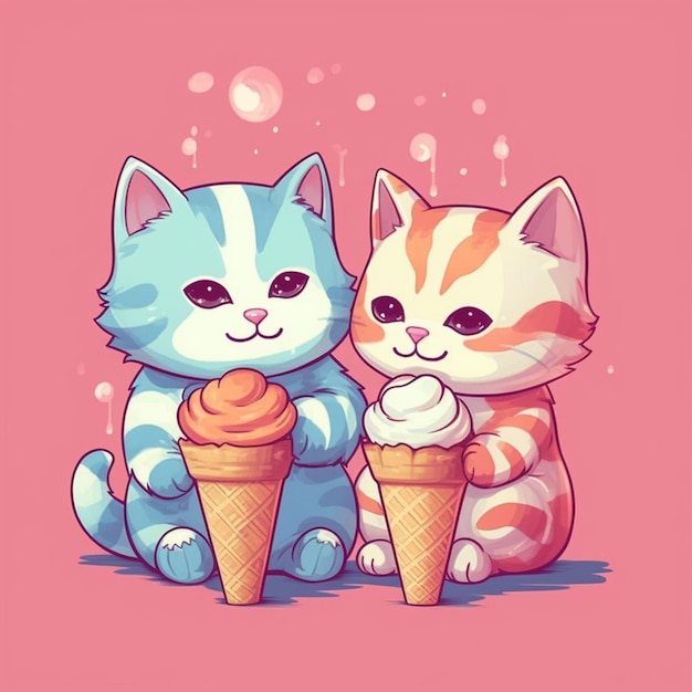 Dois gatos comendo sorvete em um fundo rosa.