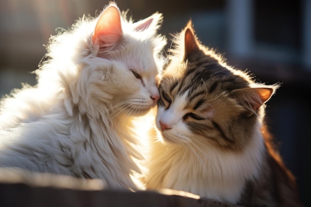 Dois gatos cuidando um do outro à luz do sol