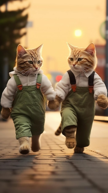 Foto dois gatos de mãos dadas usando suspensórios na estrada