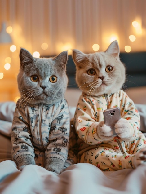 Foto dois gatos de pijama desfrutando de uma noite aconchegante em uma cama enquanto navegam em um telefone celular