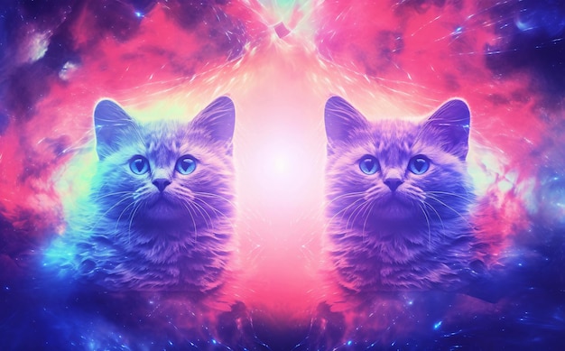 Dois gatos diferentes em dois mundos diferentes Um conceito de universo paralelo gerado pela IA