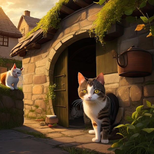 Dois gatos em frente à entrada de uma casa de campo ao pôr do sol