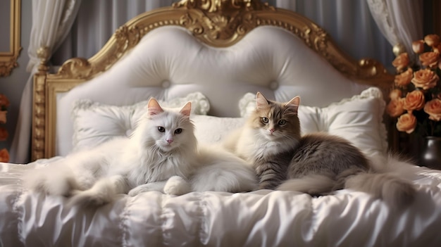 Dois gatos em uma cama com detalhes dourados