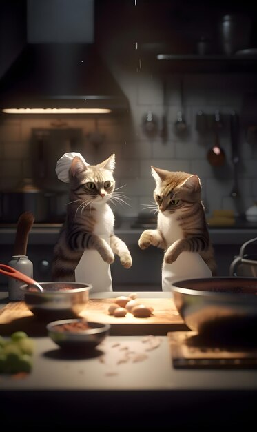 Dois gatos em uma cozinha com um chapéu de chef