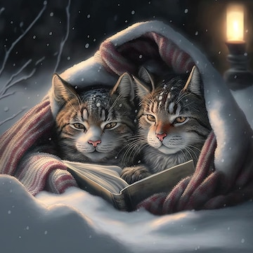 Dois gatos estão lendo um livro na neve.