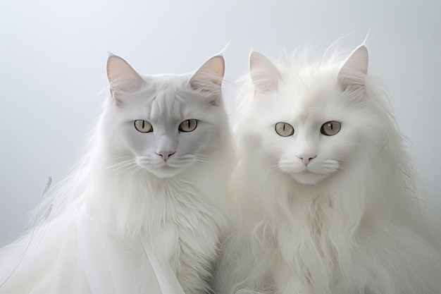 Dois gatos fofinhos ficam juntos olhando para a câmera