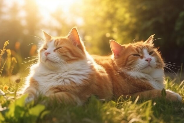 Dois gatos fofos na grama verde com fundo desfocado do sol da manhã