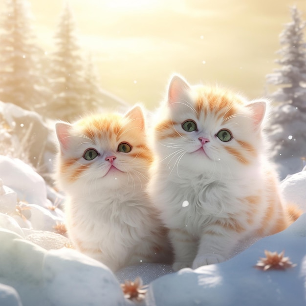 dois gatos fofos na neve, um dos quais tem a palavra "gato" nele.