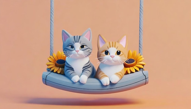 Foto dois gatos num baloiço com girassóis