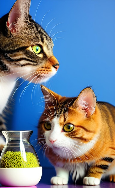 Dois gatos olhando para um vaso de vidro com um vidro verde dentro.