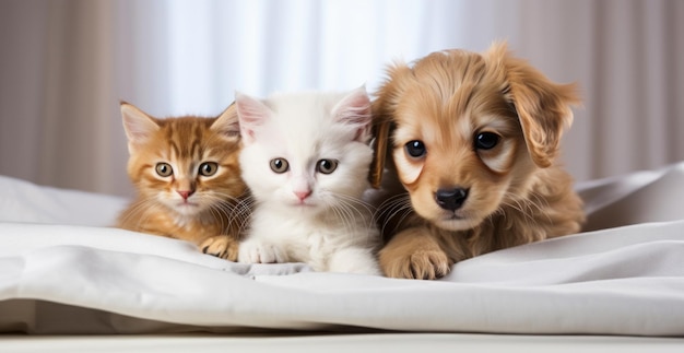 dois gatos pequenos e um cão deitados em cima de um pano branco