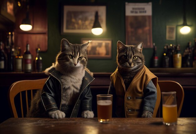 Dois gatos sentados em um bar com um copo de cerveja