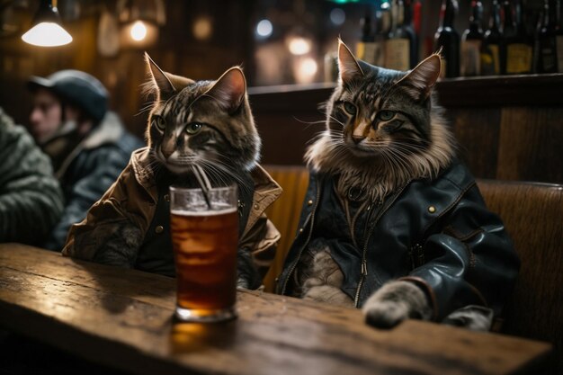 Dois gatos sentados em um bar com um copo de cerveja