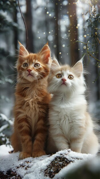 dois gatos sentados em um chão coberto de neve