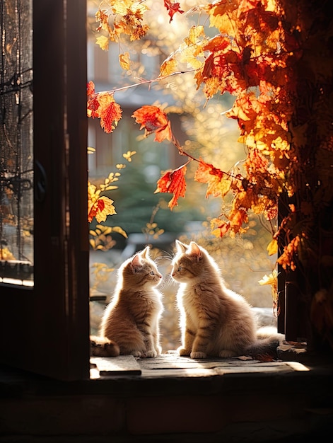 dois gatos sentados em um peitoral da janela olhando pela janela