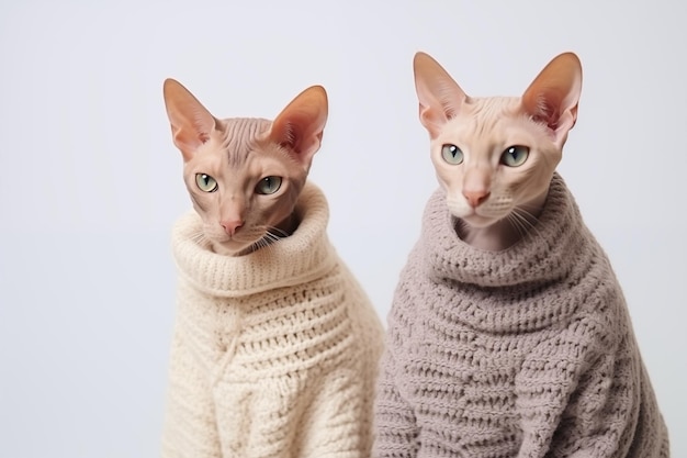 Dois gatos Sphynx em roupas de lã tricotadas sentam-se um ao lado do outro em um espaço de cópia de fundo branco