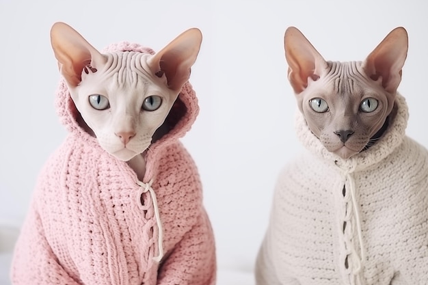 Dois gatos Sphynx em roupas de lã tricotadas sentam-se um ao lado do outro em um espaço de cópia de fundo branco