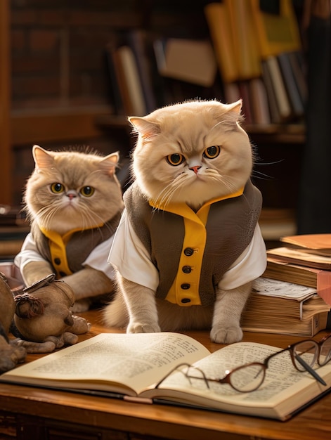 dois gatos vestindo ternos sentados em cima de livros com um lendo um livro