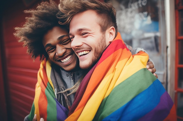 Dois gays felizes envoltos em uma bandeira de arco-íris na rua, um europeu e o outro afro-americano Eles se abraçam olhando para a câmera