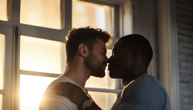 Dois gays se beijando de manhã cedo conceito de dia dos namorados