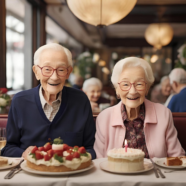 Foto dois gêmeos de 85 anos desfrutando de uma celebração de aniversário em um restaurante