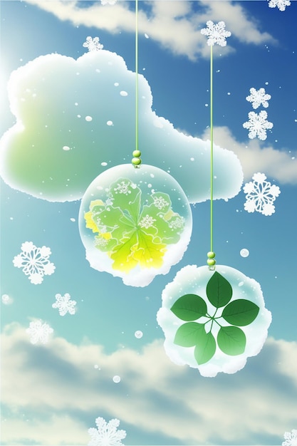 Dois globos de neve com trevos de quatro folhas pendurados neles generative ai