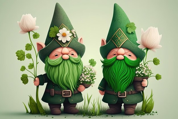 Foto dois gnomos com chapéu verde e um chapéu verde com barba verde e um chapéu verde com barba verde e chapéu verde.