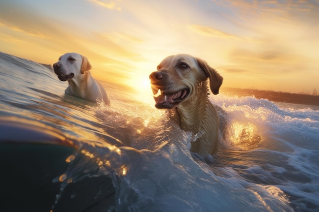 Dois golden labradores retriever se divertindo nadando