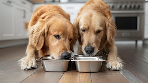 Foto dois golden retrievers desfrutando de uma refeição em uma cozinha