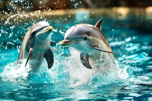 Foto dois golfinhos a brincar.