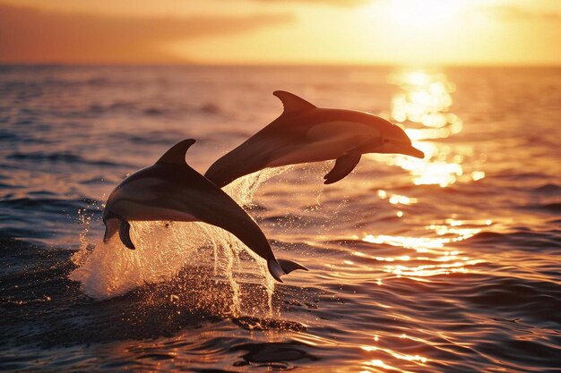 Dois golfinhos a saltar da água ao pôr-do-sol.