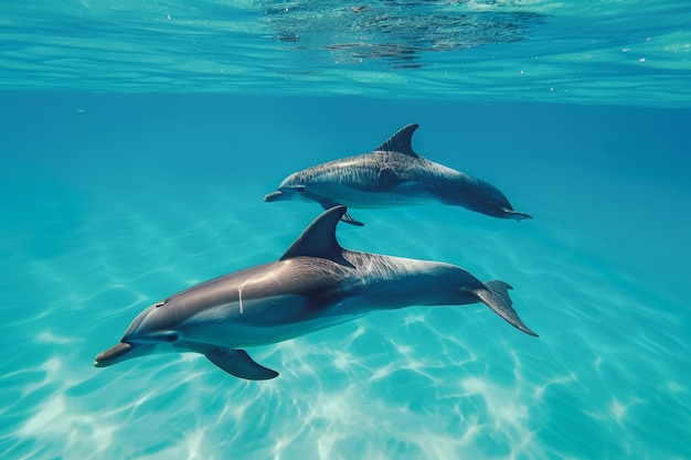 Dois golfinhos nadam graciosamente lado a lado na vasta extensão do oceano Um par de golfinhos nadam na clara água azul do oceano