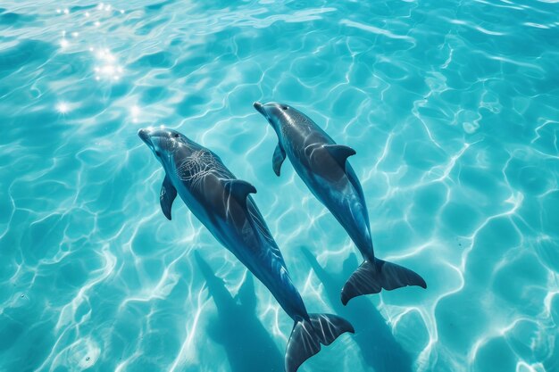 Dois golfinhos nadam graciosamente lado a lado nas águas azuis cristalinas um par de golfinhos nadam na água azul clara do oceano AI gerado