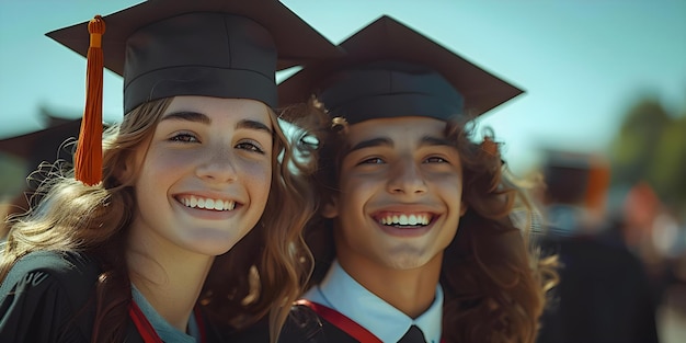 Dois graduados comemorando na cerimônia de formatura Conceito Cerimônia de graduação Celebrar o sucesso Dois Graduados Realizações estudantis Marcos acadêmicos