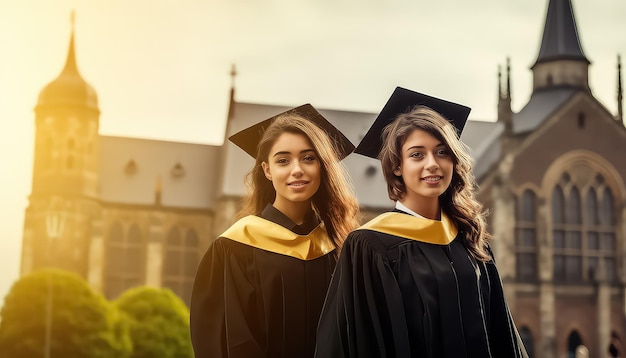 dois graduados ombro a ombro em frente a um grande edifício