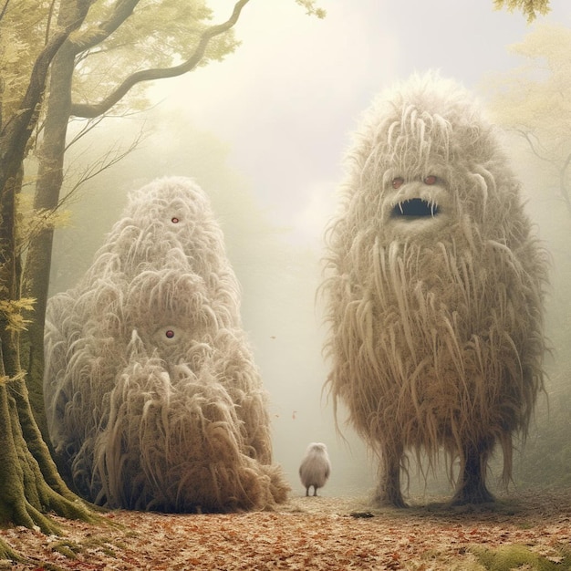 Dois grandes animais peludos estão de pé numa floresta.