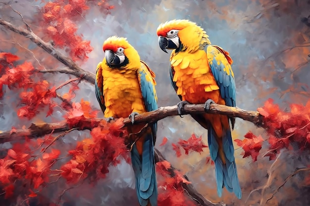 Dois grandes papagaios amarelos e azuis situados em um galho Generative AI