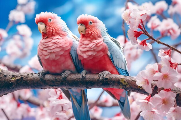 Dois grandes papagaios cor-de-rosa e azuis sentam-se num ramo de flores de sakura.