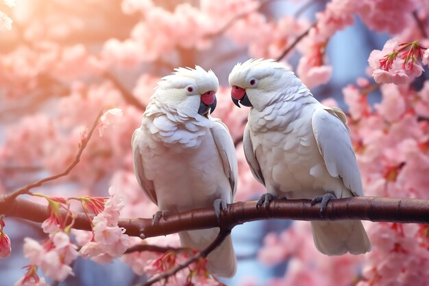 Dois grandes papagaios macaus brancos sentam-se num ramo de flores de sakura.