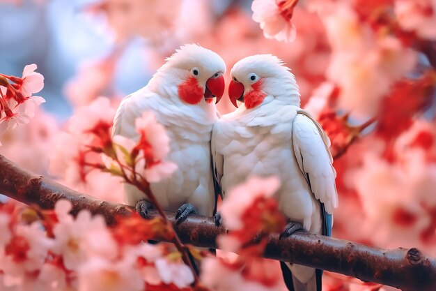 Dois grandes papagaios macaw brancos sentam-se em um ramo de flores de sakura copiar espaço para texto IA generativa