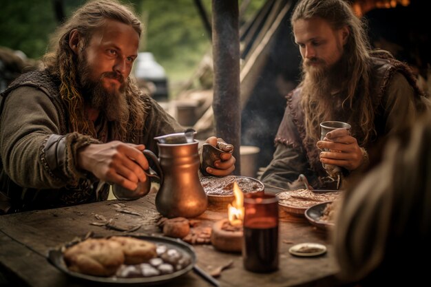 Dois guerreiros a beber num acampamento ao ar livre.