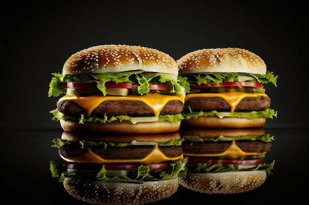 Dois hambúrgueres com alface, tomate e queijo sobre uma superfície preta
