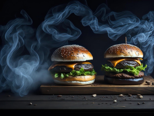 Dois hambúrgueres com fumaça saindo deles