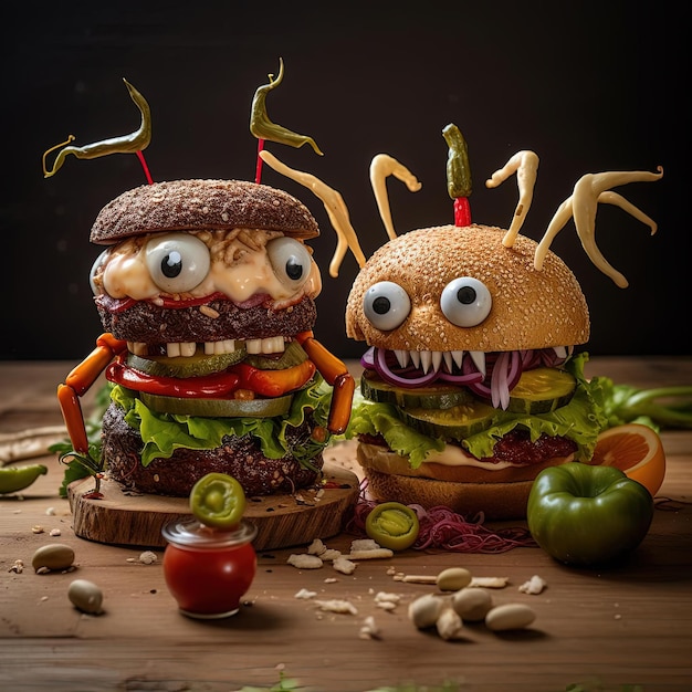 dois hambúrgueres em sanduíche vestidos de monstros e pimentões no estilo da comida de Halloween
