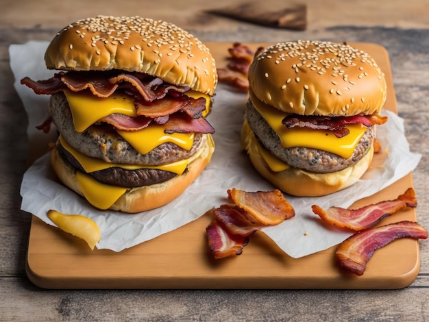 Dois hambúrgueres em uma tábua de madeira com bacon e bacon.