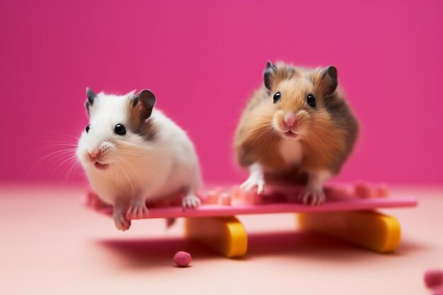 Foto dois hamsters em um skate de brinquedo