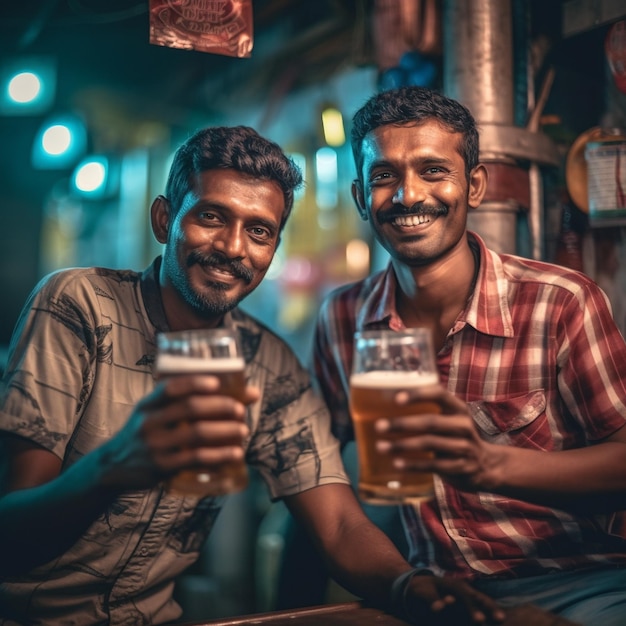 Dois homens a beber cerveja de uma caneca com a palavra " em cima "