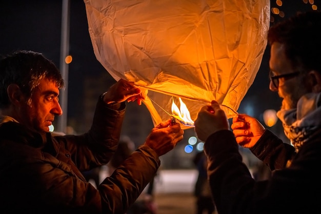 Dois homens acendendo uma lanterna de desejo para lançá-la no céu