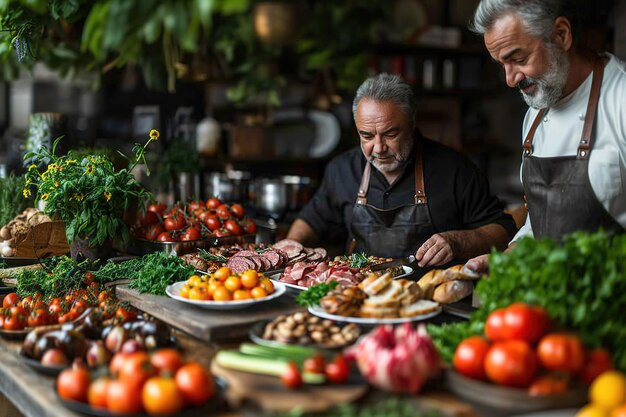 dois homens adultos em avental mesa cheia de vegetais frescos